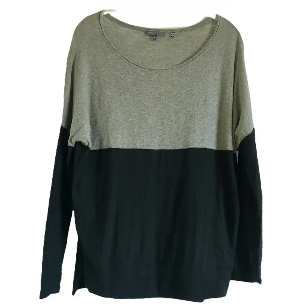 Vince Tan Black Color Block Sweater 100% Cotton Scoop Neck Drop Shoulder Stretch - Picture 1 of 15